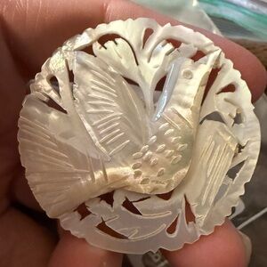 Vintage mother of pearl dove brooch, hand carved and signed‎ by Bethelham